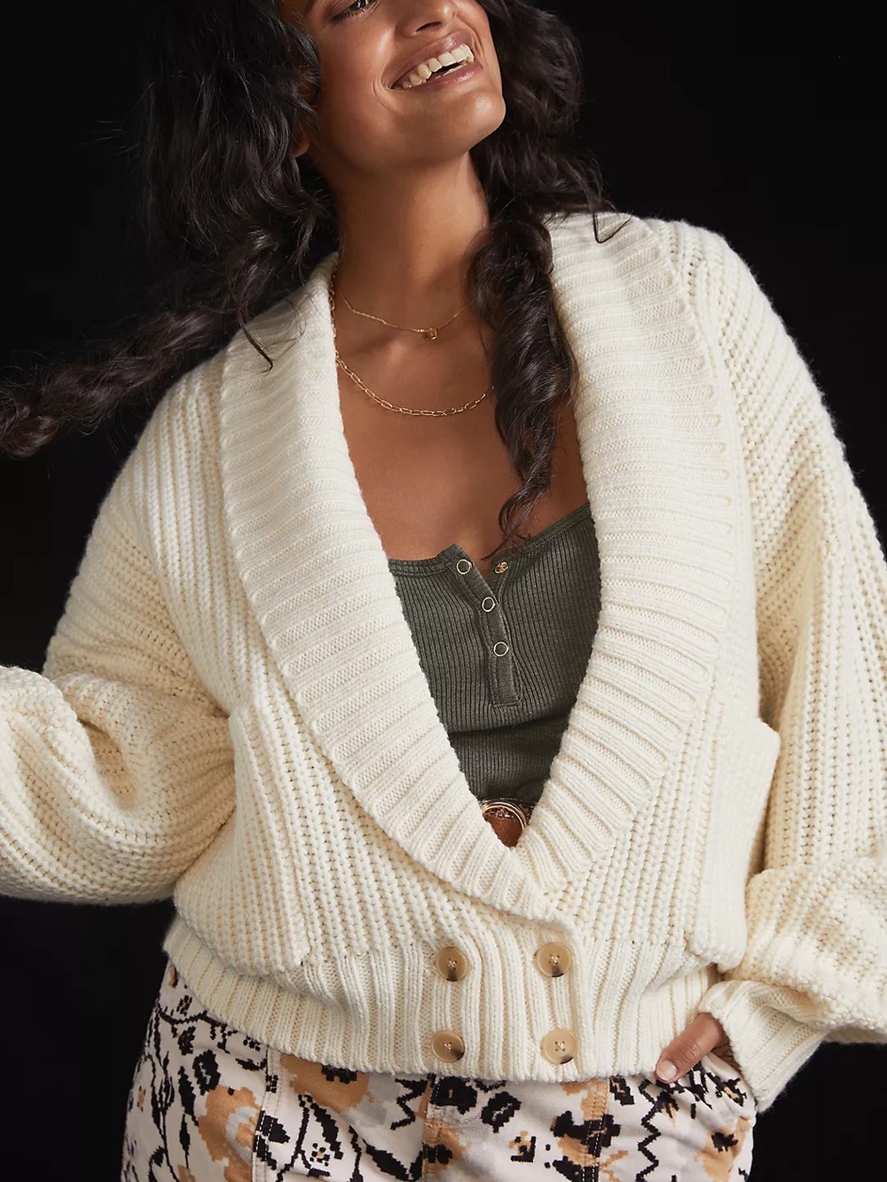 By Anthropologie Cream Ribbed Shawl-Collar Cardigan Sweater | XS